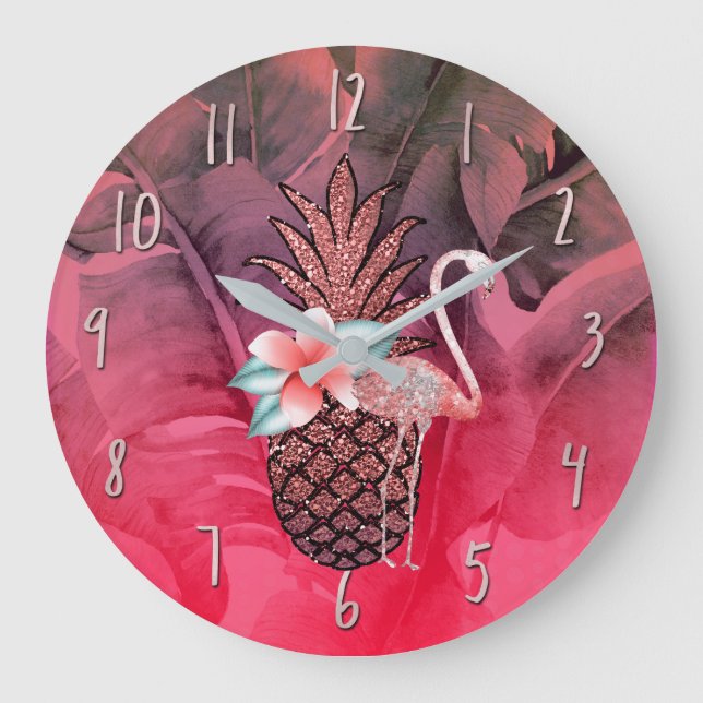 Pink Tropical Glitter Pineapple Palm Leaves Chic Large Clock (Front)