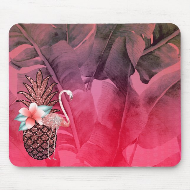 Pink Tropical Glitter Pineapple Palm Leaves Chic Mouse Pad (Front)