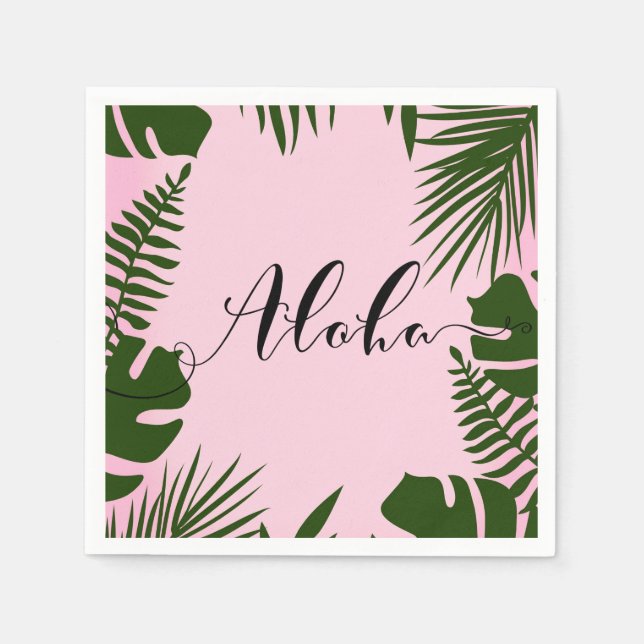 Pink Tropical Green Leaves Beach Summer Aloha Luau Napkin (Front)
