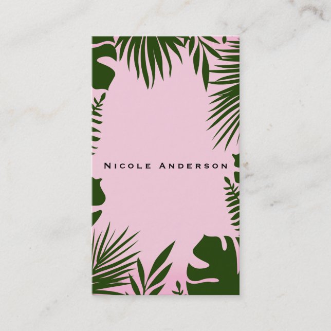 Pink Tropical Green Leaves Botanical Elegant Chic Business Card (Front)