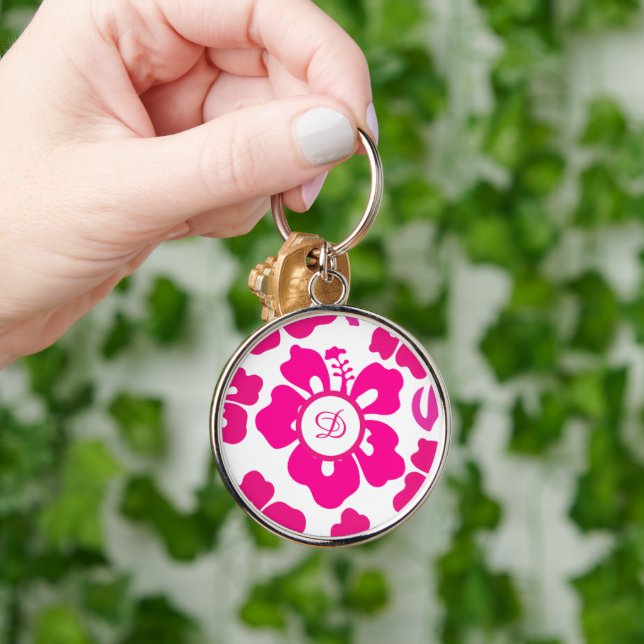 Pink tropical Hawaii Hibiscus Floral Pattern Key Ring (Hand)