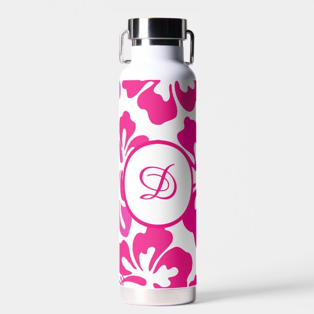 Pink tropical Hawaii Hibiscus Floral Pattern Water Bottle (Front)