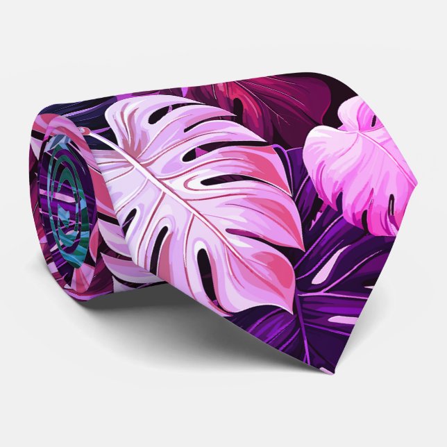 Pink Tropical Hawaiian monstera pattern  Tie (Rolled)