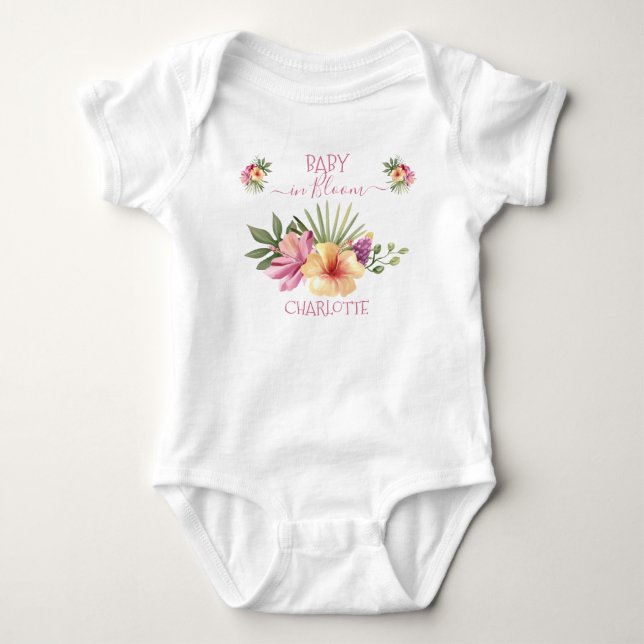 Pink Tropical Hibiscus Floral Baby in Bloom Bodysuit (Front)