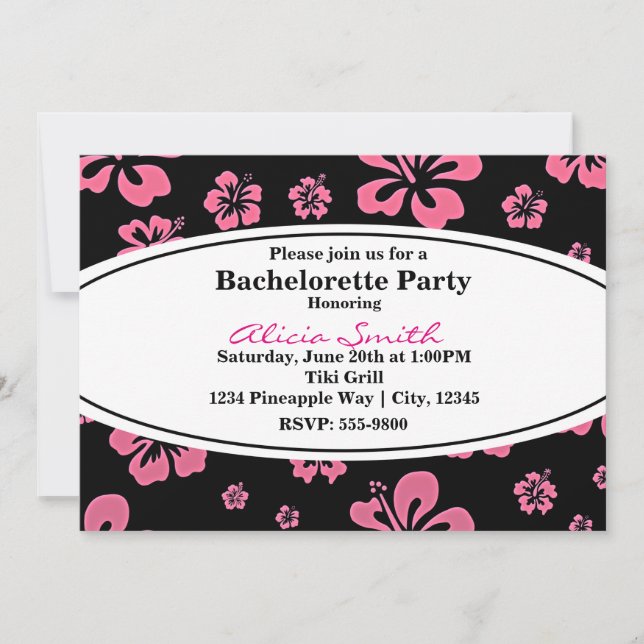 Pink Tropical Hibiscus Floral Black Invitation (Front)