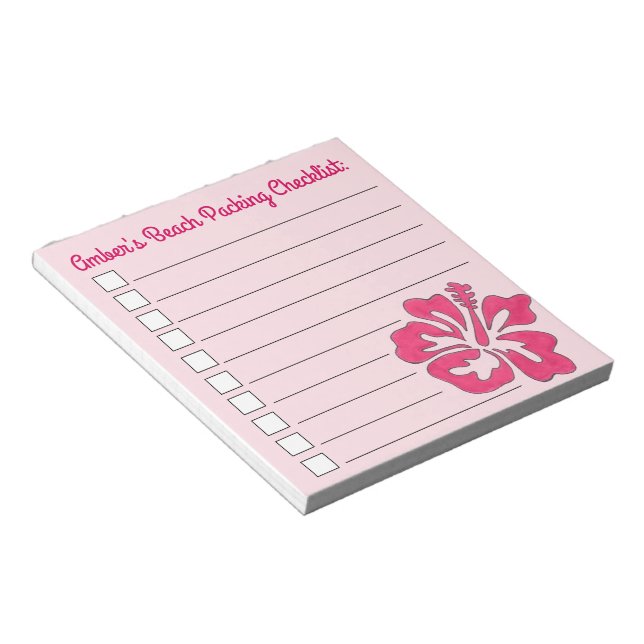 Pink Tropical HIbiscus Flower Beach Packing List Notepad (Angled)