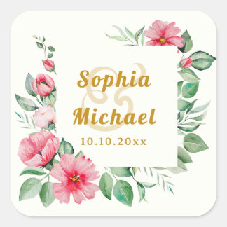 Pink Tropical Hibiscus Flowers and Lush Green Square Sticker