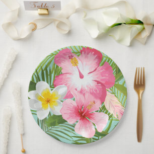 Pink Tropical Hibiscus Flowers Paper Plate