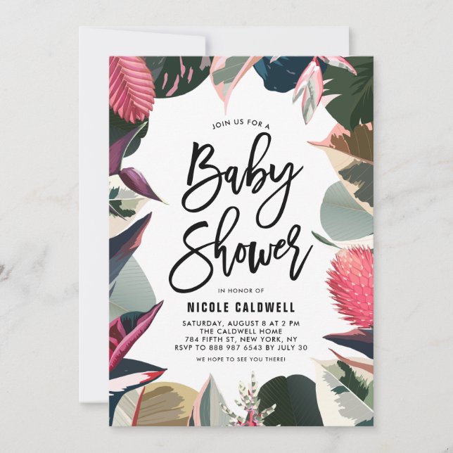 Pink Tropical Houseplants Frame Baby Shower Invitation (Front)