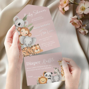 Pink Tropical Jungle Safari Baby Shower Animals  All In One Invitation