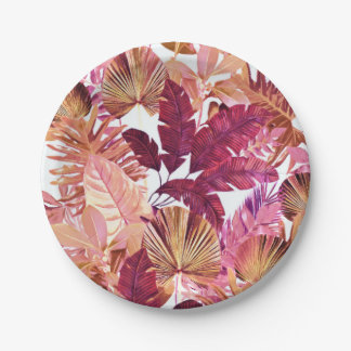 Pink Tropical Leaf Pattern Paper Plate