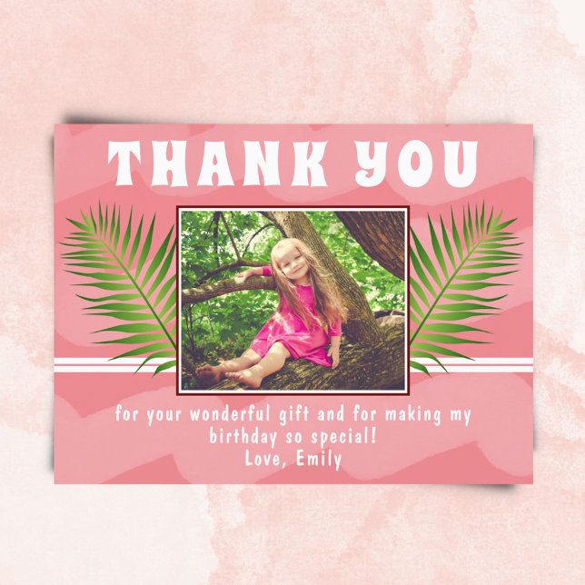 Pink Tropical Leaf Watercolor Girl Photo Birthday  Postcard (Creator Uploaded)