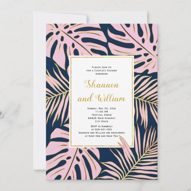Pink tropical leaves navy wedding couple's shower invitation (Front)