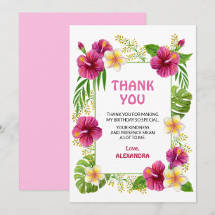 Pink Tropical Luau Birthday Girl Watercolor Thank You Card