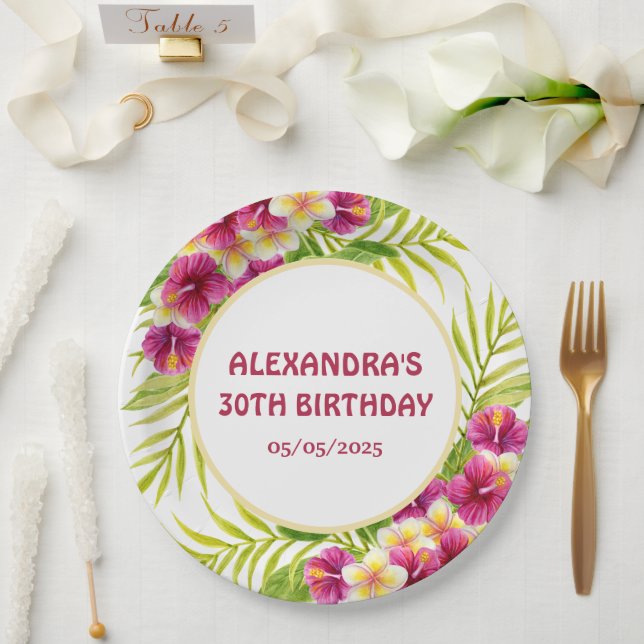 Pink Tropical Luau Floral Birthday Party Paper Plate (Wedding)