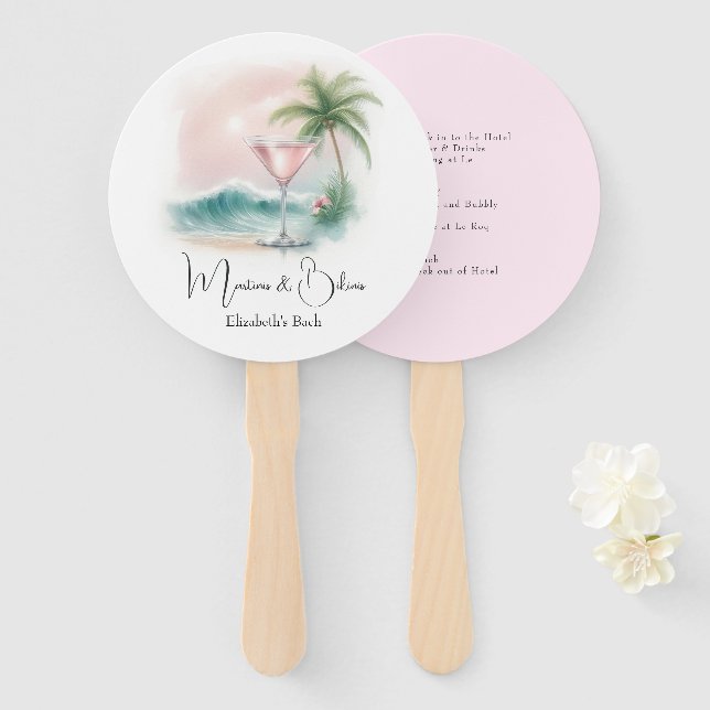 Pink Tropical Martini Bachelorette Weekend Hand Fan (Front and Back)