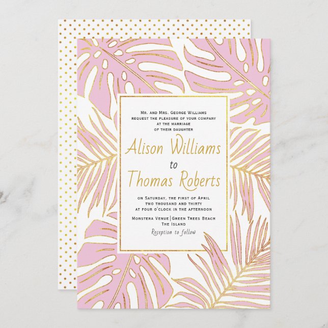 Pink tropical monstera and palm leaves wedding invitation (Front/Back)