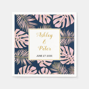 Pink tropical monstera, palm leaves navy wedding napkin