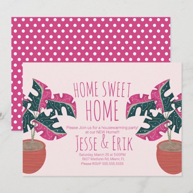 Pink Tropical Monstera Tree Housewarming Party Invitation (Front/Back)
