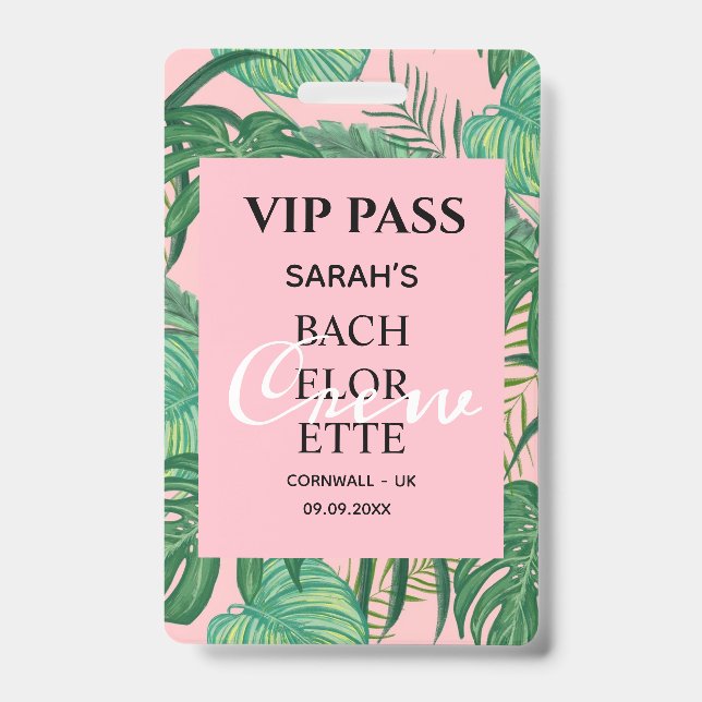 Pink Tropical Palm Bachelorette Party VIP Pass  ID Badge (Front)