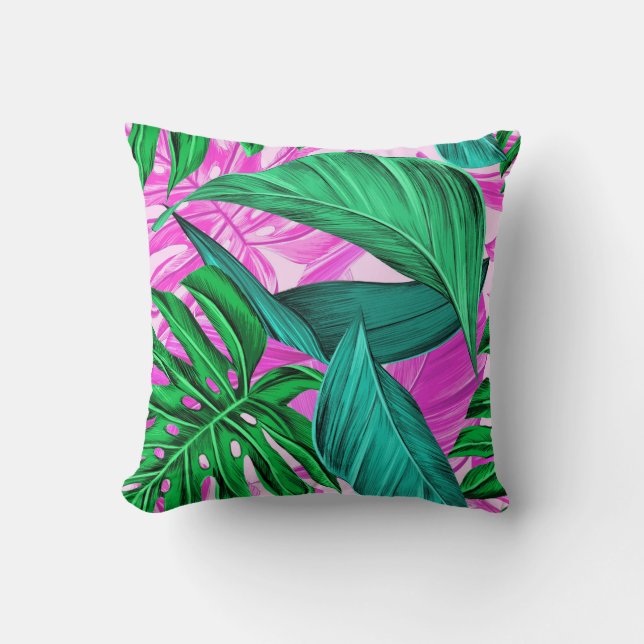 Pink Tropical Palm Leaf Cushion (Front)