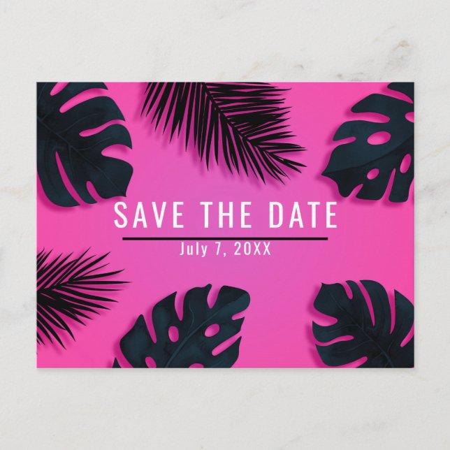Pink Tropical Palm Leaves Party Save the Date Announcement Postcard (Front)