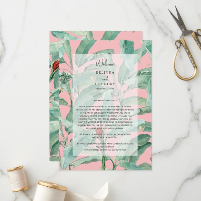 Pink Tropical Palm Leaves Wedding Itinerary  Programme (Front/Back In Situ)