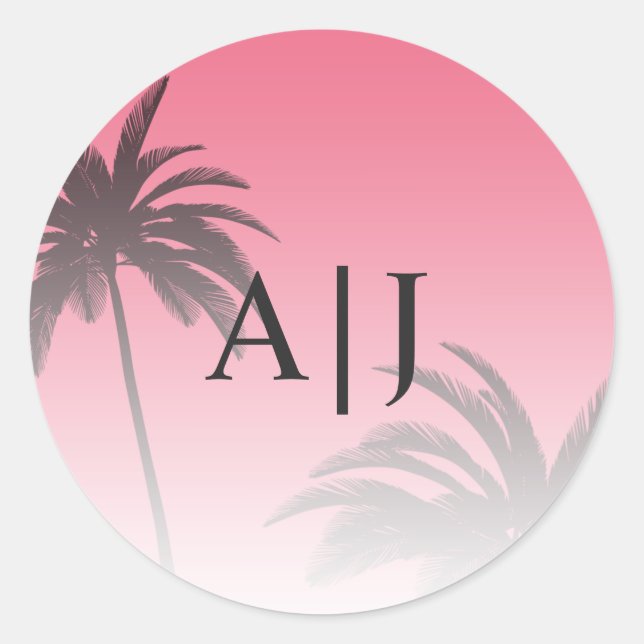 Pink Tropical Palm Tree Beach Monogram Wedding Classic Round Sticker (Front)