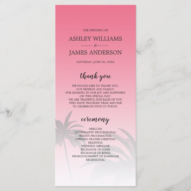 Pink Tropical Palm Tree Beach Wedding Programme (Front)