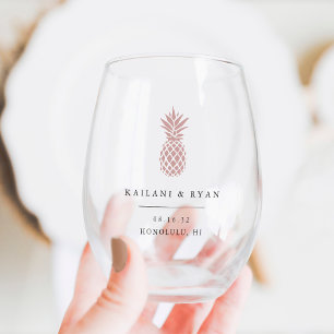 Pink Tropical Pineapple Destination Wedding Favour Stemless Wine Glass