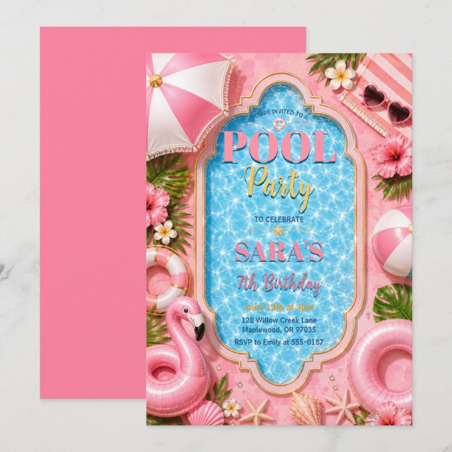 Pink Tropical Pool Party Birthday Invitation (Front/Back)