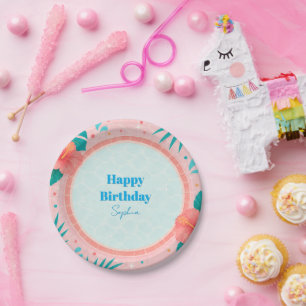 Pink Tropical Pool Party Birthday Paper Plates