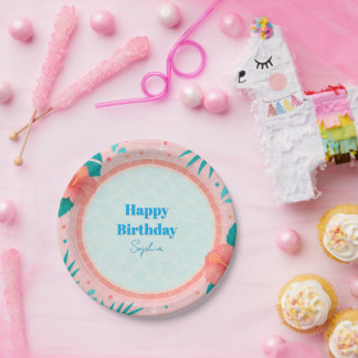 Pink Tropical Pool Party Birthday Paper Plates