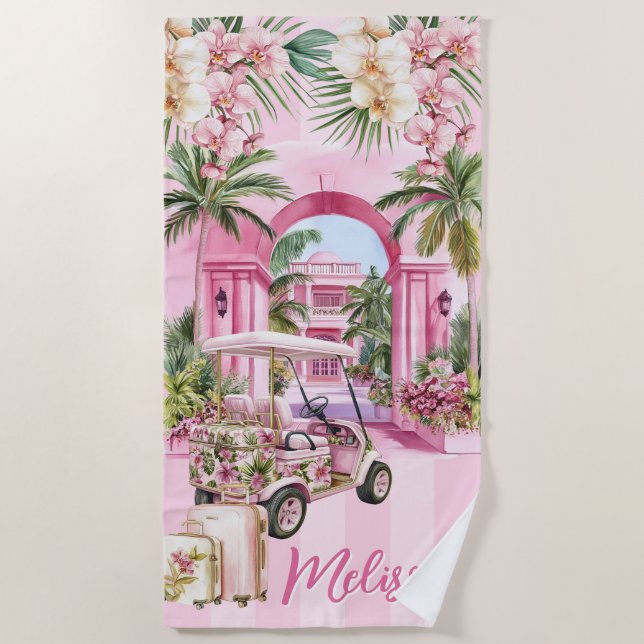 Pink Tropical Spa Resort Beach Towel (Front)