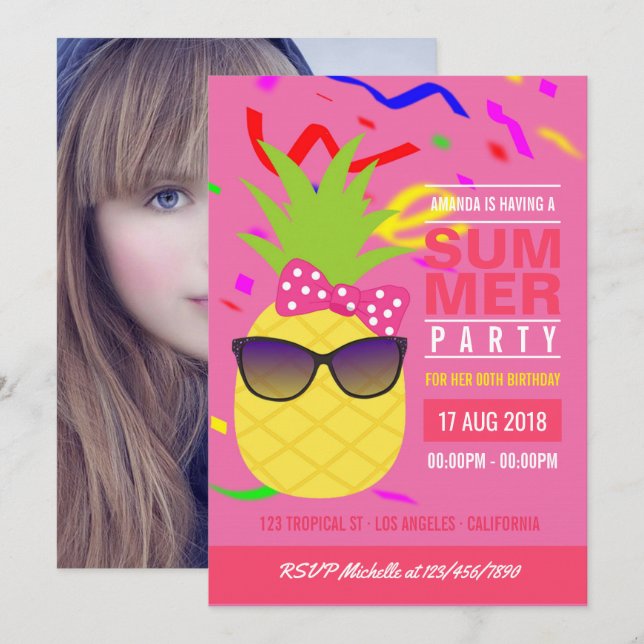 Pink Tropical Summer Girl Birthday Party photo Invitation (Front/Back)