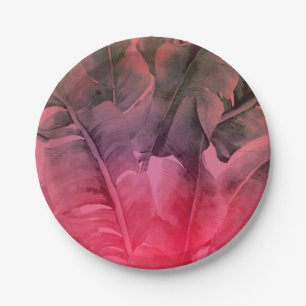 Pink Tropical Summer Palm Leaves Luau Party Paper Plate