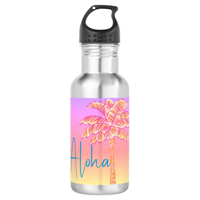Pink Tropical Sunset Palm Tree Aloha 532 Ml Water Bottle (Front)