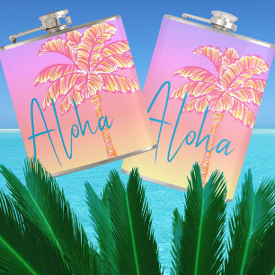 Pink Tropical Sunset Palm Tree Aloha 6oz. Hip Flask