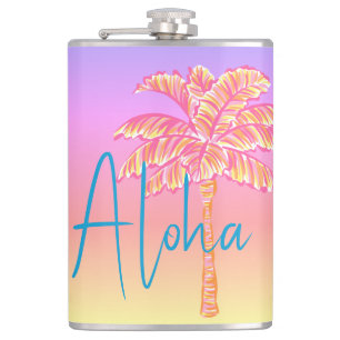 Pink Tropical Sunset Palm Tree Aloha 8oz. Hip Flask