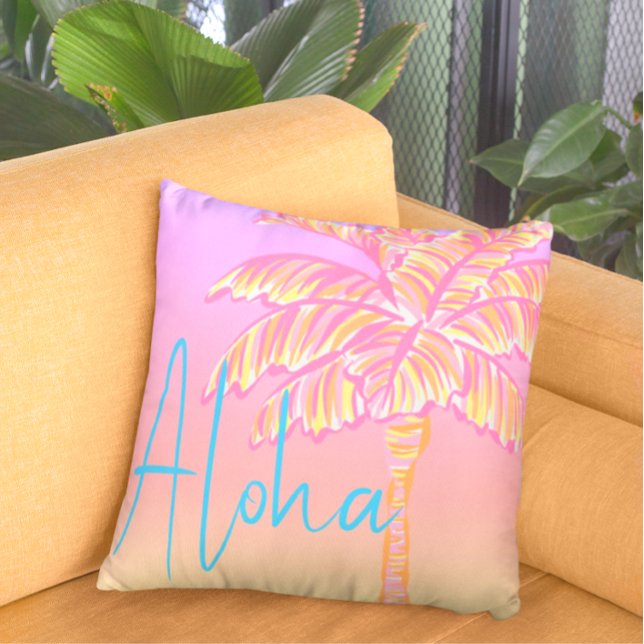 Pink Tropical Sunset Palm Tree Aloha Outdoor Cushion (Aloha!)