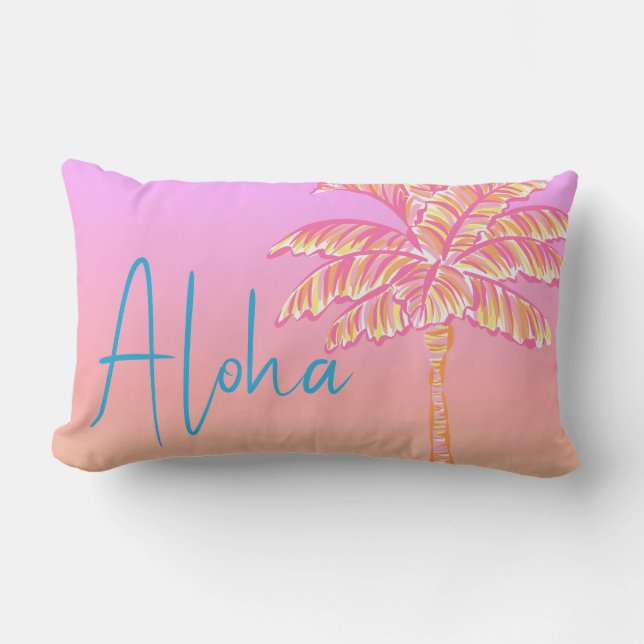 Pink Tropical Sunset Palm Tree Aloha Outdoor Lumbar Cushion (Front)