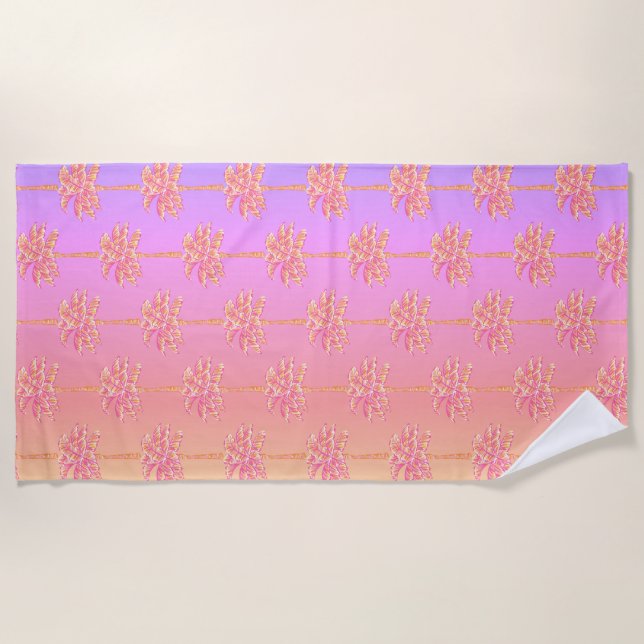 Pink Tropical Sunset Palm Tree  Beach Towel (Front)