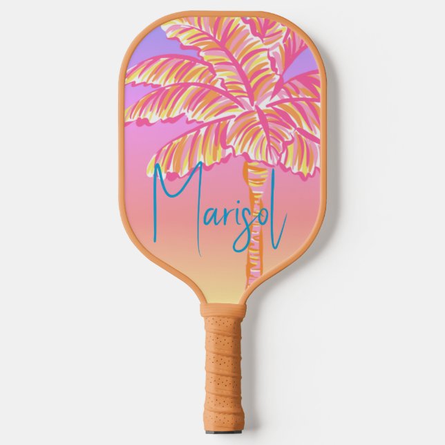 Pink Tropical Sunset Palm Tree Personalised  Pickleball Paddle (Front)
