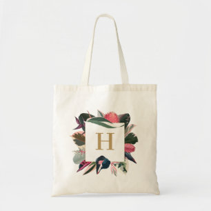 Pink Tropical Variegated Plants Frame Monogram Tote Bag