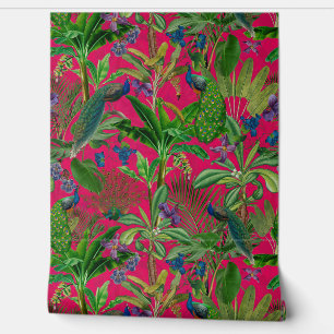 Pink Tropical Vintage Peacock Floral Rainforest Wallpaper