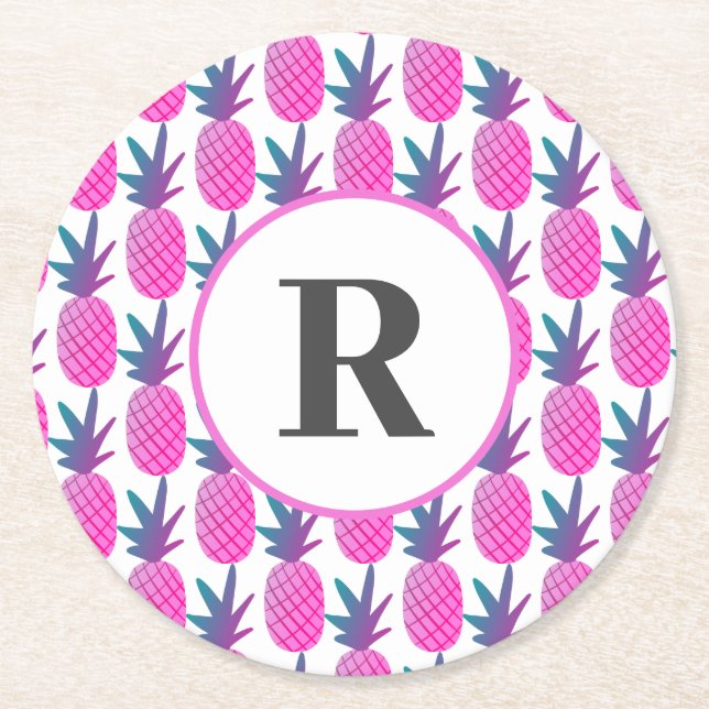 Pink Tropical Watercolor Pineapple Monogram Round Paper Coaster (Front)