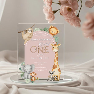 Pink Tropical Wild One Jungle Safari Animals Acrylic Invitations