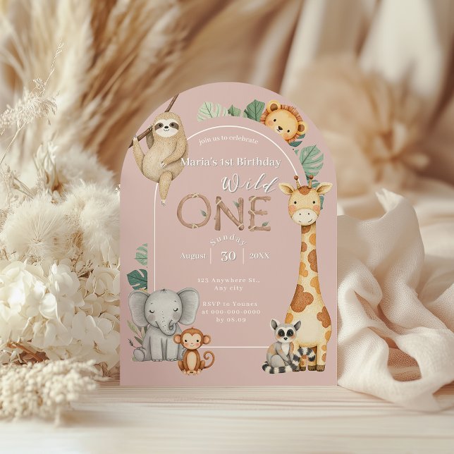 Pink Tropical Wild One Jungle Safari Animals  Invitation (Creator Uploaded)