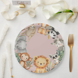 Pink Tropical Wild One Jungle Safari Animals  Paper Plate