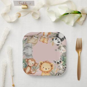 Pink Tropical Wild One Jungle Safari Animals  Paper Plate